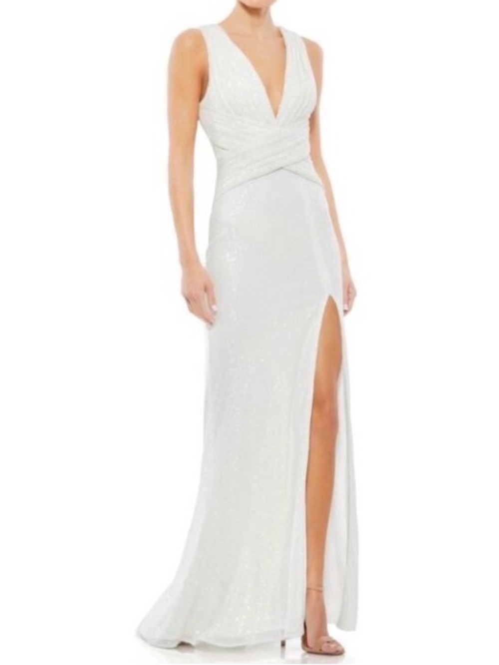 NWT IEENA Mac Duggal 26598 White Sequin V-Neck Wrap Waist Gown Gown Size 0